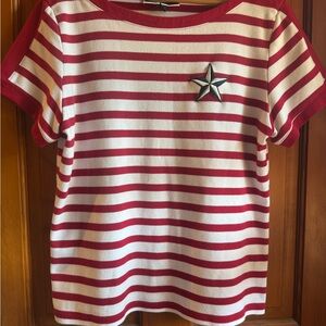 Karen Scott Red and White Striped Top with Navy Star Patch Accent